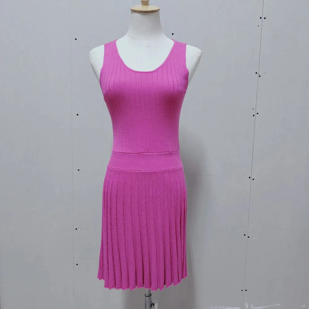TAVIMART  -  Casual Solid Color Basic Pleated Women Summer Dress Sundress Sleeveless Sqaure Collar A-line Slim Short Dresses Elegant Simple