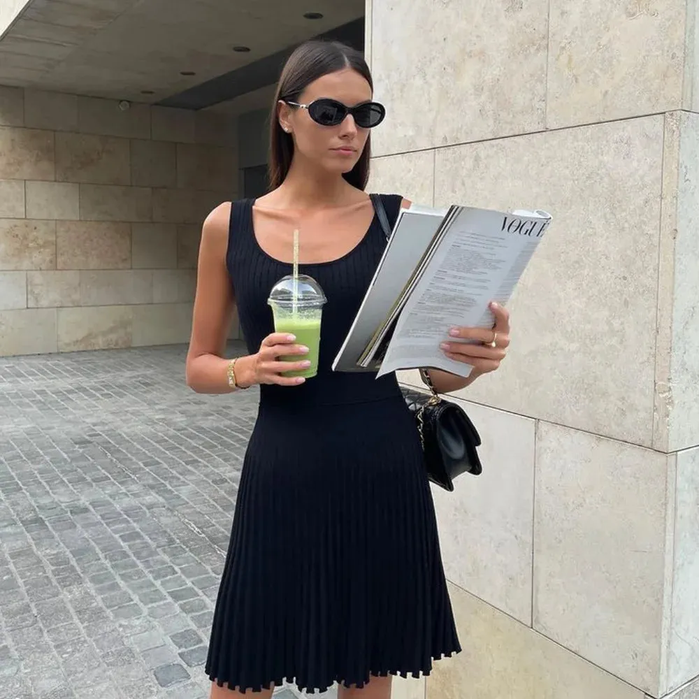 TAVIMART  -  Casual Solid Color Basic Pleated Women Summer Dress Sundress Sleeveless Sqaure Collar A-line Slim Short Dresses Elegant Simple