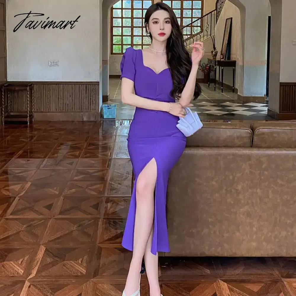 TAVIMART Elegant Party Dress Women Fashion Retro Puff Sleeve Square Collar Hight Split Solid Midi Dresses Even Sundress Vestidos 2023 New