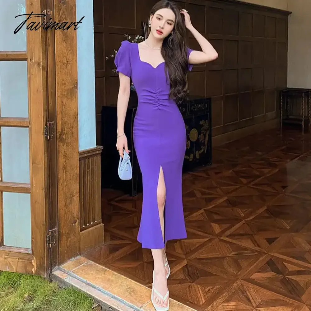 TAVIMART Elegant Party Dress Women Fashion Retro Puff Sleeve Square Collar Hight Split Solid Midi Dresses Even Sundress Vestidos 2023 New