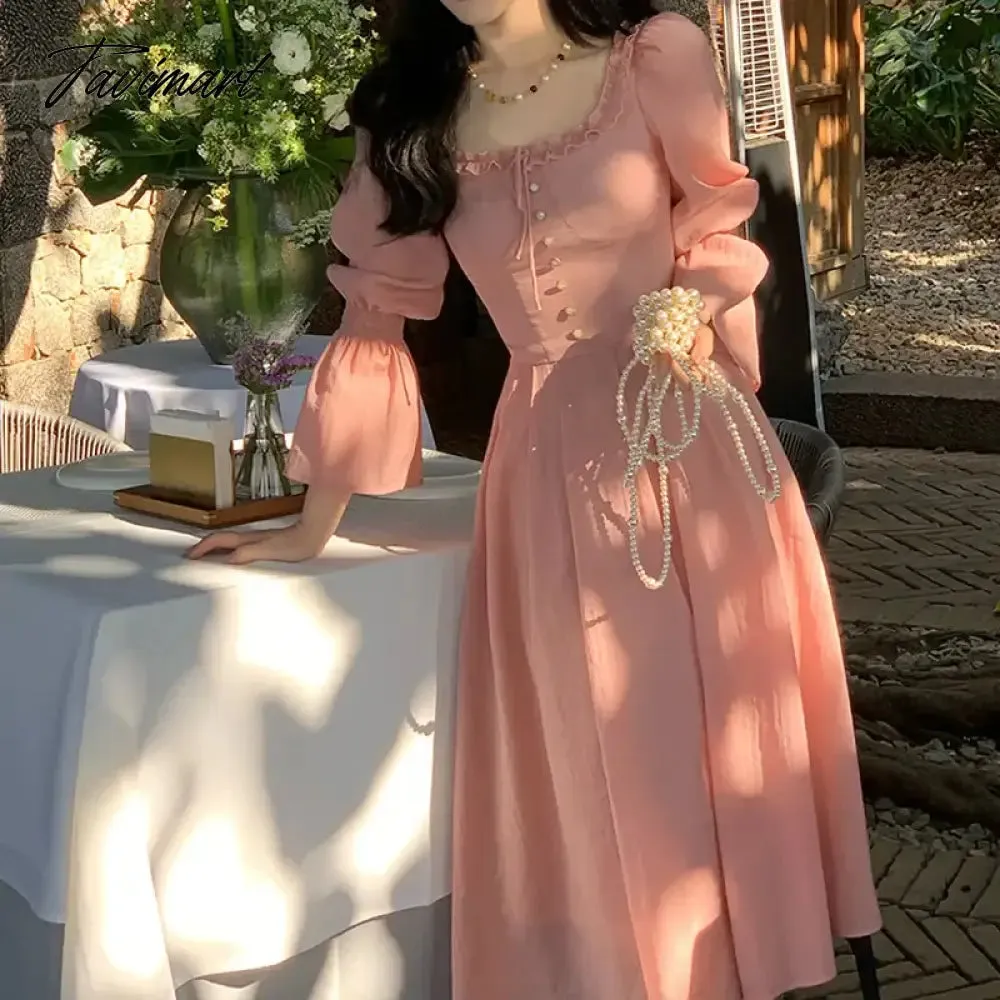 TAVIMART Korea Elegant Pink Dress Women Fashion Retro Square Collar Party Midi Dress Sweet Princess A Line Sundress Vestidos Ruffle Dress