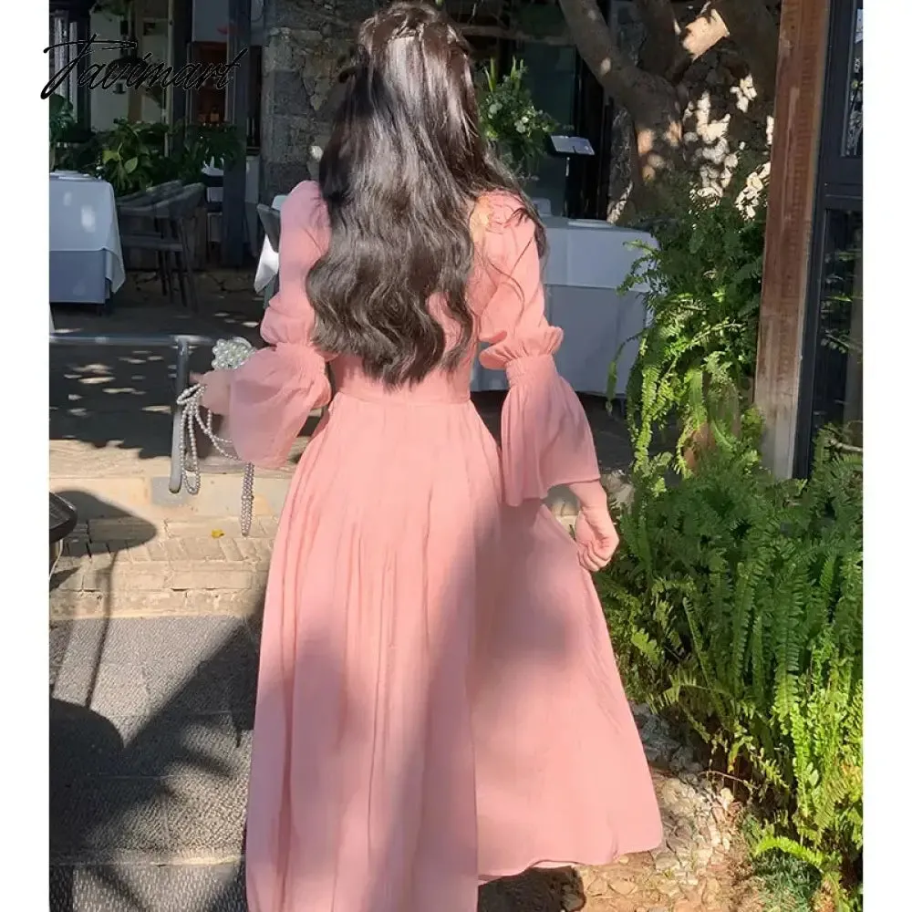 TAVIMART Korea Elegant Pink Dress Women Fashion Retro Square Collar Party Midi Dress Sweet Princess A Line Sundress Vestidos Ruffle Dress