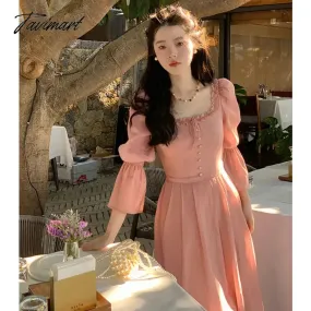 TAVIMART Korea Elegant Pink Dress Women Fashion Retro Square Collar Party Midi Dress Sweet Princess A Line Sundress Vestidos Ruffle Dress