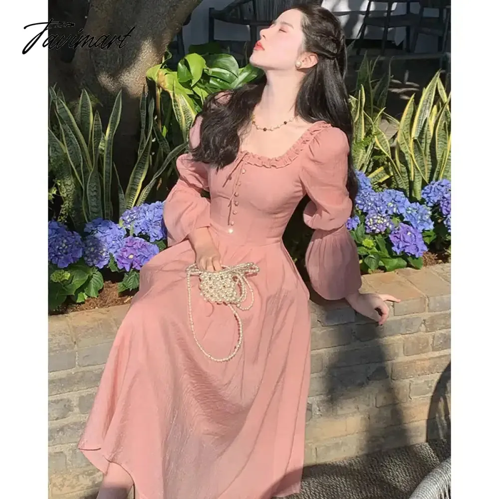 TAVIMART Korea Elegant Pink Dress Women Fashion Retro Square Collar Party Midi Dress Sweet Princess A Line Sundress Vestidos Ruffle Dress