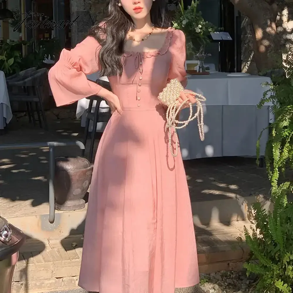 TAVIMART Korea Elegant Pink Dress Women Fashion Retro Square Collar Party Midi Dress Sweet Princess A Line Sundress Vestidos Ruffle Dress