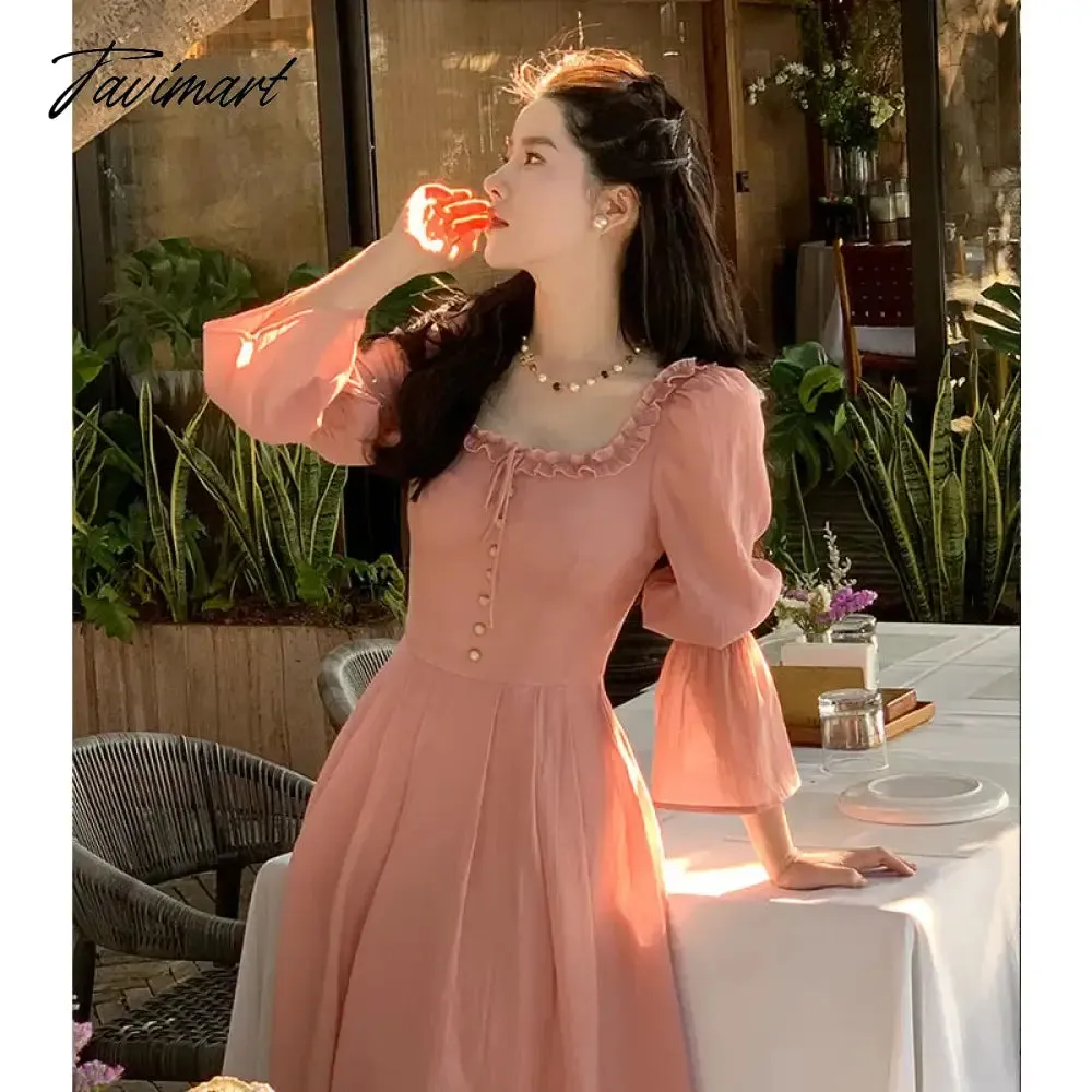 TAVIMART Korea Elegant Pink Dress Women Fashion Retro Square Collar Party Midi Dress Sweet Princess A Line Sundress Vestidos Ruffle Dress