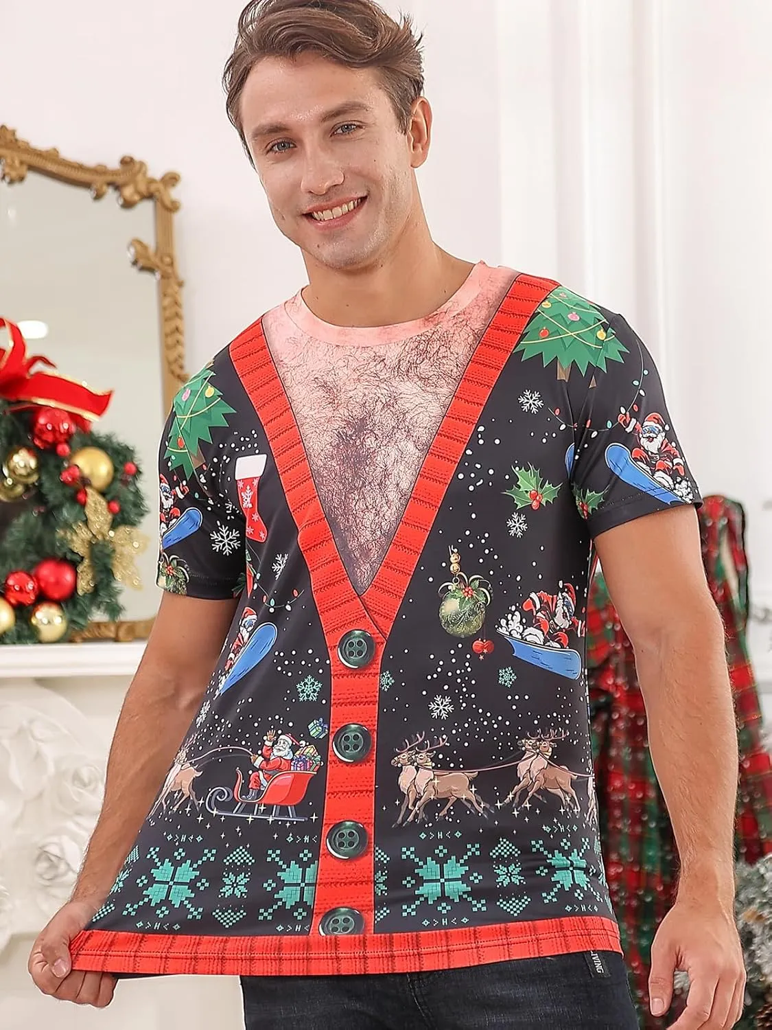 uideazone Men's Ugly Christmas T-Shirts Funny Holiday Short Sleeve Graphic Tees S-XXL