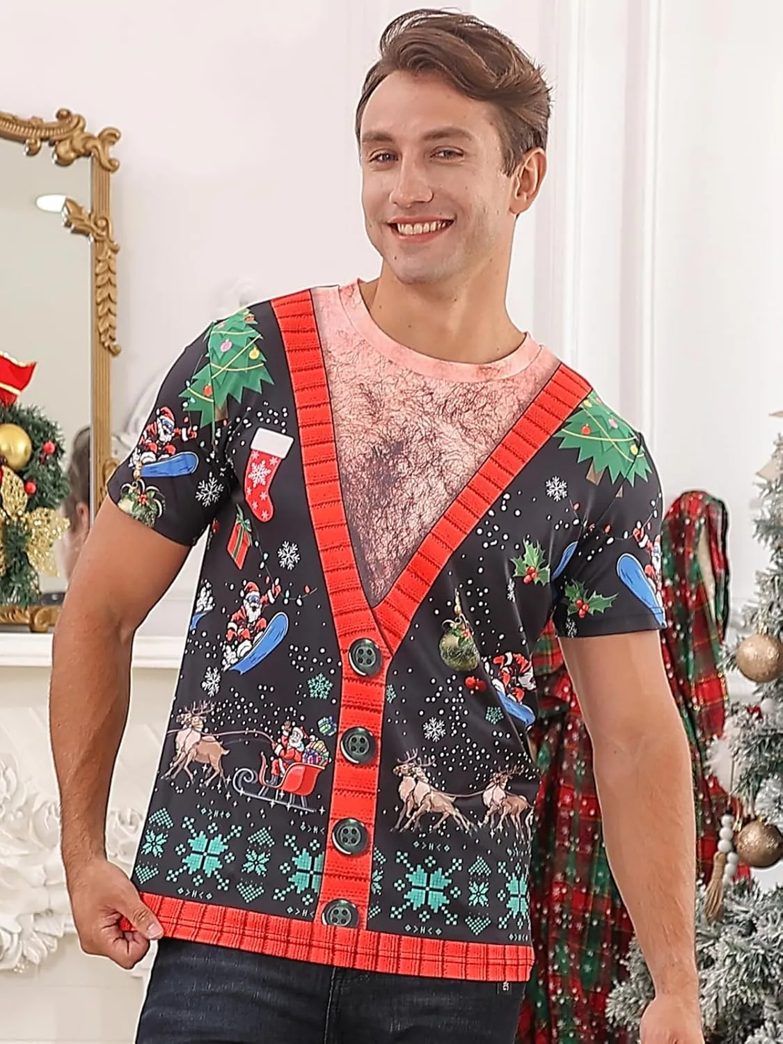 uideazone Men's Ugly Christmas T-Shirts Funny Holiday Short Sleeve Graphic Tees S-XXL