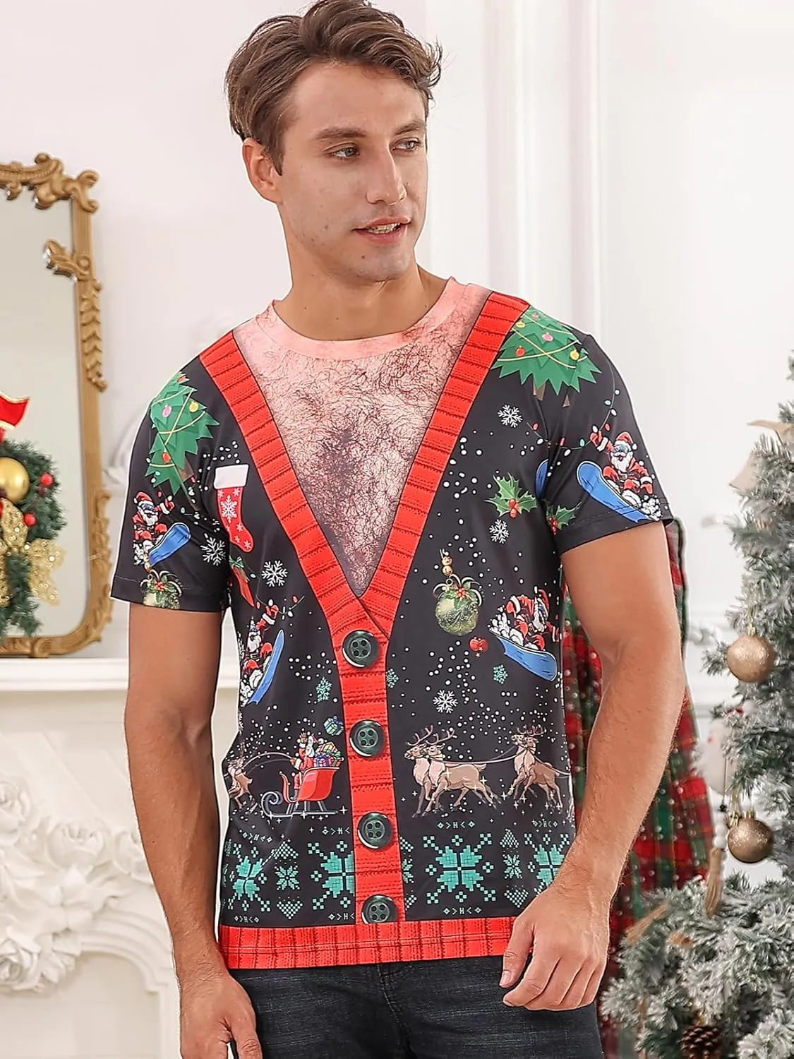uideazone Men's Ugly Christmas T-Shirts Funny Holiday Short Sleeve Graphic Tees S-XXL