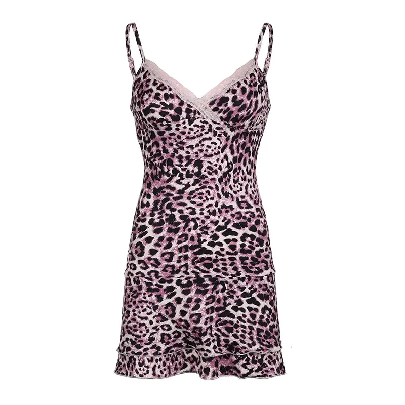 Vintage Fashion Leopard Sexy Dress Mini Tierred Lace Trim Spaghetti Strap Clubwear Party Summer Dress Women Sundress