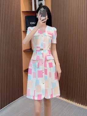 Wenkouban Fashion Street Print Elegant Dress Women Thin Short-sleeved V-neck Single-Breasted Casual Office Commute Lady Summer Dress