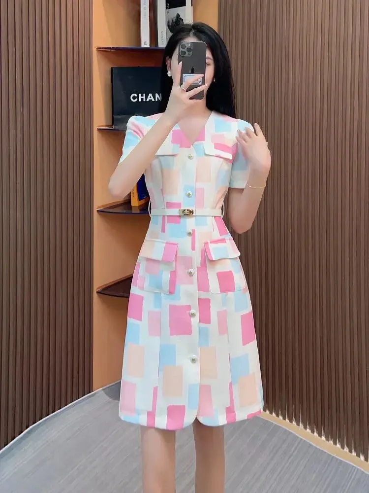 Wenkouban Fashion Street Print Elegant Dress Women Thin Short-sleeved V-neck Single-Breasted Casual Office Commute Lady Summer Dress