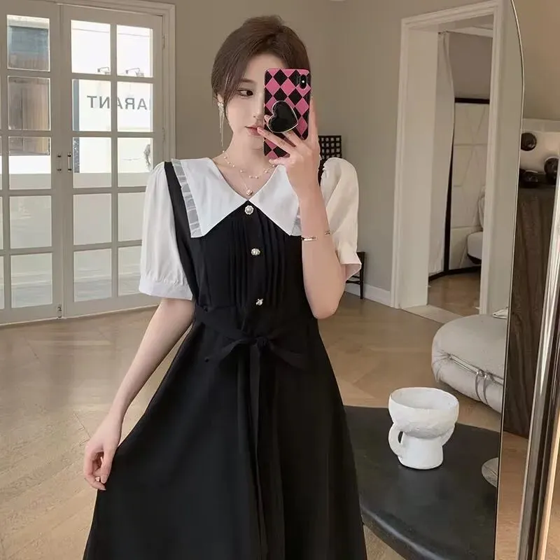 Wenkouban Women's Loose Casual Dress, 2024 Summer，Oversized, Short Sleeve, Doll collar,  Splicing，Fold, Commuter Elegant Lady Midi Dress