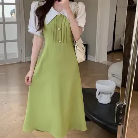 Wenkouban Women's Loose Casual Dress, 2024 Summer，Oversized, Short Sleeve, Doll collar,  Splicing，Fold, Commuter Elegant Lady Midi Dress