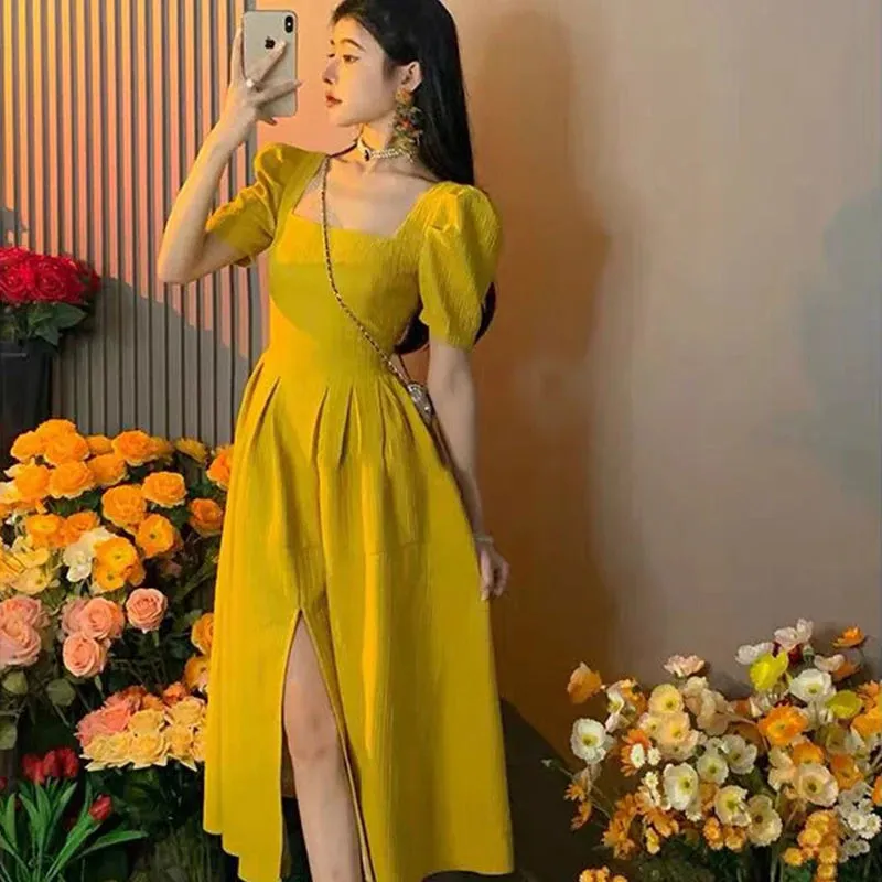 Wenkouban Women's Short Sleeve Slit Slim Dress, Elegant Party Dress, Prom Clothing, Female Fashion, Summer, New, 2024