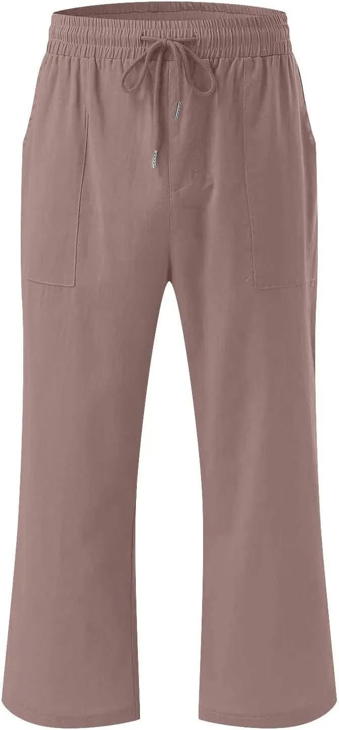 Women Casual Comfortable High Waisted Wide Leg Pants Drawstring Elastic Trousers Comfy Straight Leg Long Pants with Pockets