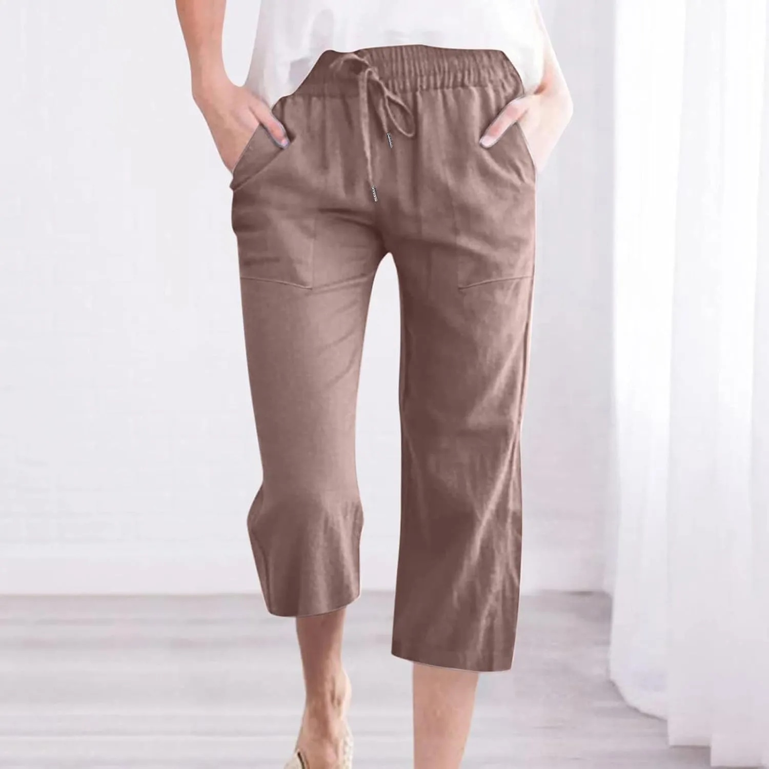 Women Casual Comfortable High Waisted Wide Leg Pants Drawstring Elastic Trousers Comfy Straight Leg Long Pants with Pockets