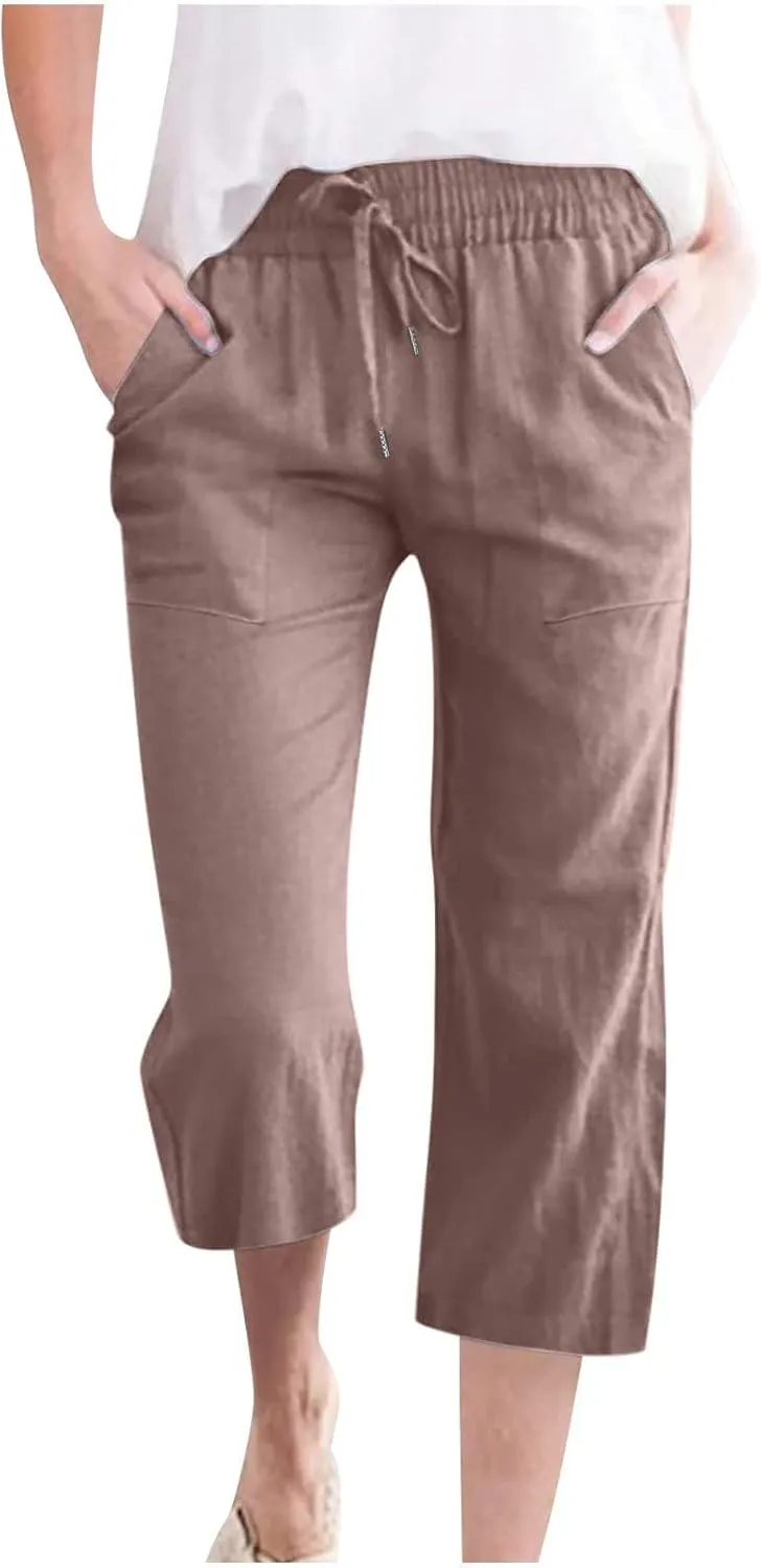 Women Casual Comfortable High Waisted Wide Leg Pants Drawstring Elastic Trousers Comfy Straight Leg Long Pants with Pockets