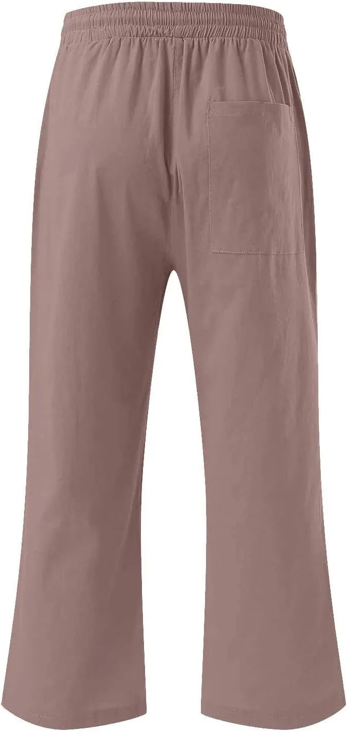 Women Casual Comfortable High Waisted Wide Leg Pants Drawstring Elastic Trousers Comfy Straight Leg Long Pants with Pockets
