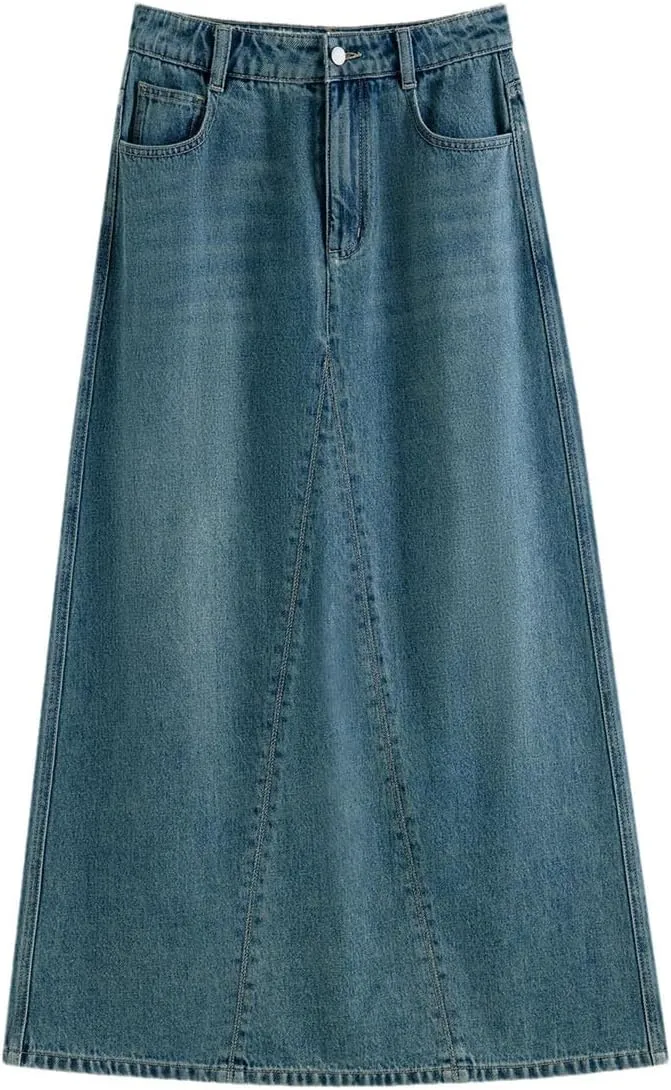 Women High Waist Long Casual Denim Skirt for A-Line Chic Skirt