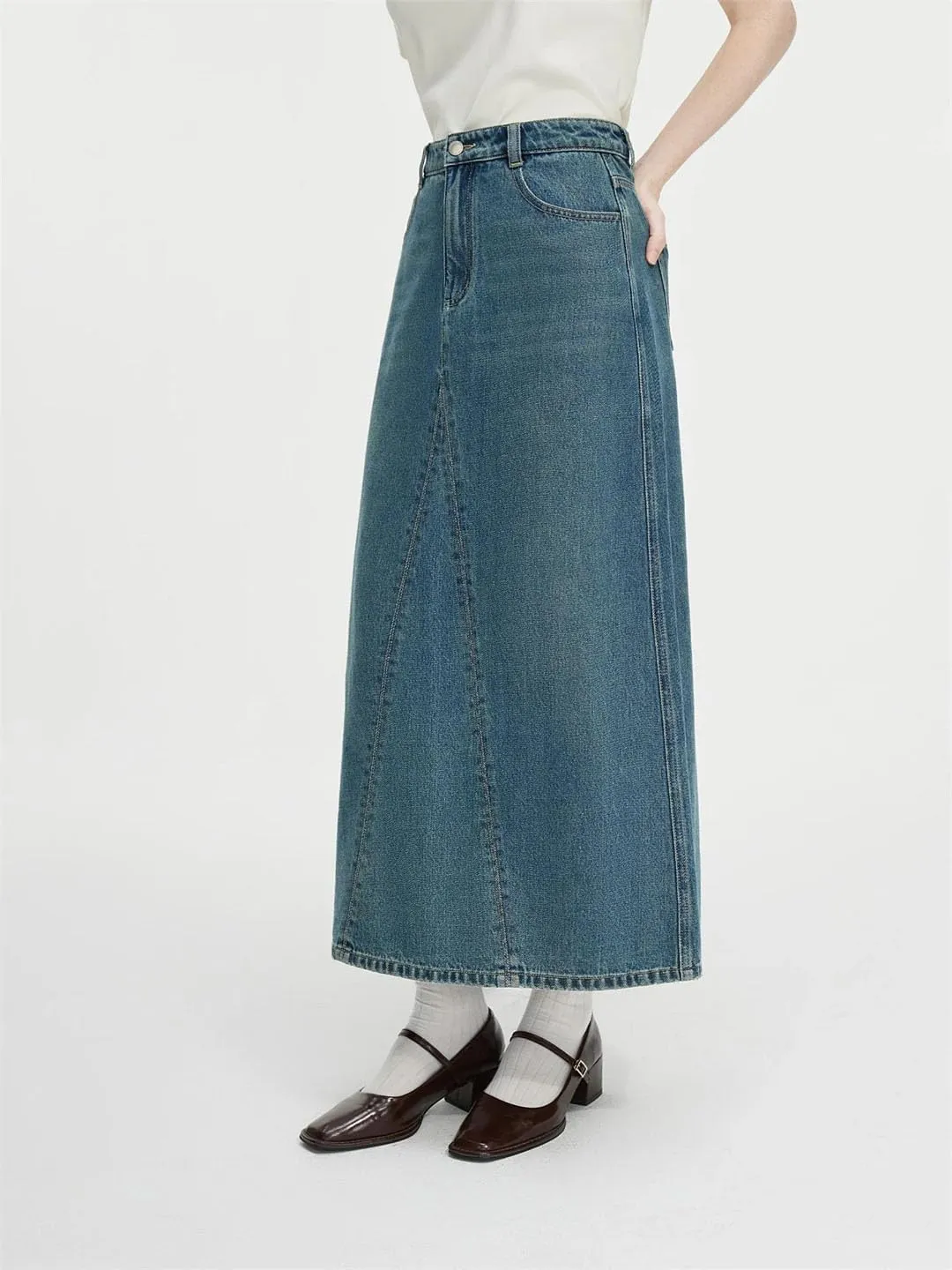 Women High Waist Long Casual Denim Skirt for A-Line Chic Skirt