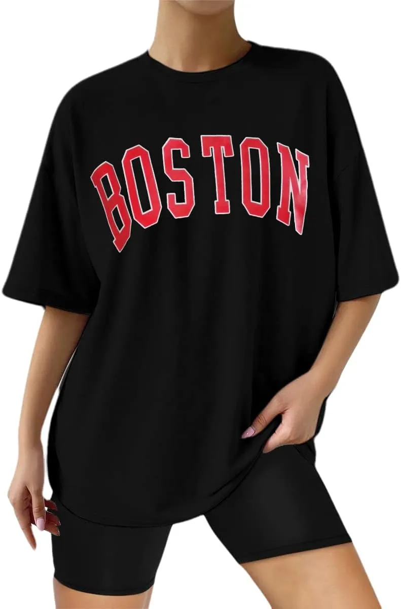 Women Miami Florida Letter Graphic Print Tee Shirt Oversized Short Sleeve Crew Neck Drop Shoulder Casual T-Shirt Tops