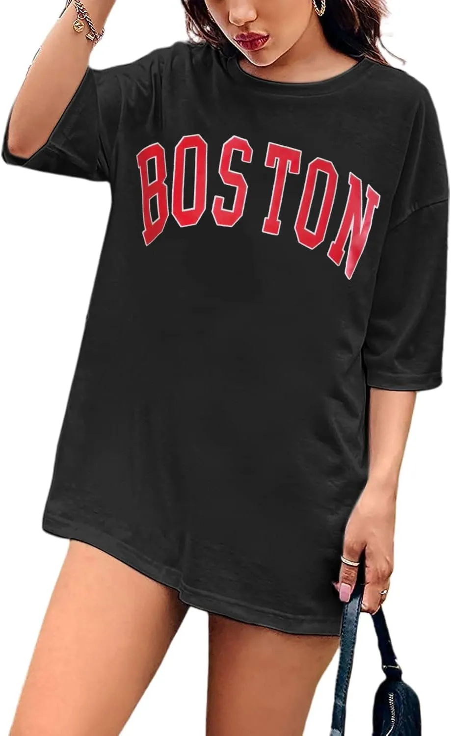 Women Miami Florida Letter Graphic Print Tee Shirt Oversized Short Sleeve Crew Neck Drop Shoulder Casual T-Shirt Tops