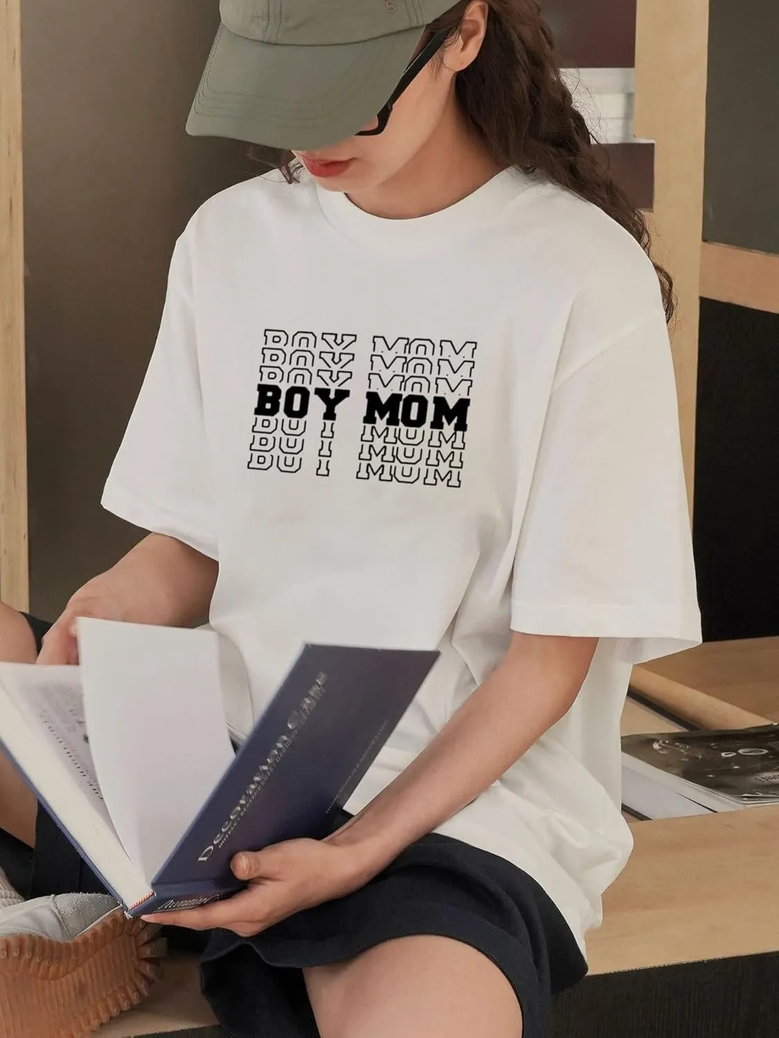 Women Oversized T-Shirt Boy Mom Letter Print Short Sleeve Mid-Length Mama Tee Shirt