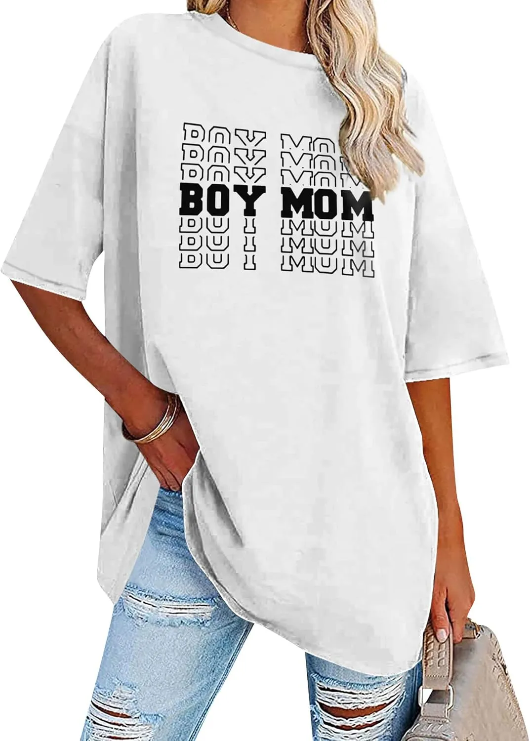 Women Oversized T-Shirt Boy Mom Letter Print Short Sleeve Mid-Length Mama Tee Shirt