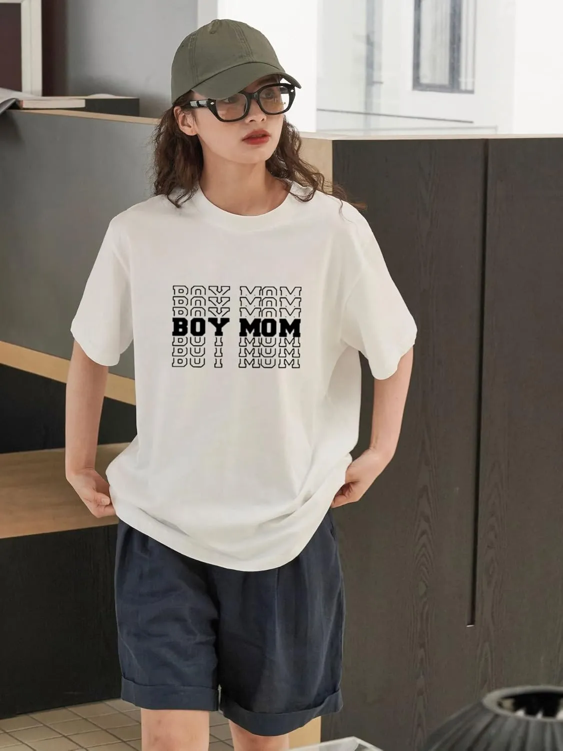 Women Oversized T-Shirt Boy Mom Letter Print Short Sleeve Mid-Length Mama Tee Shirt