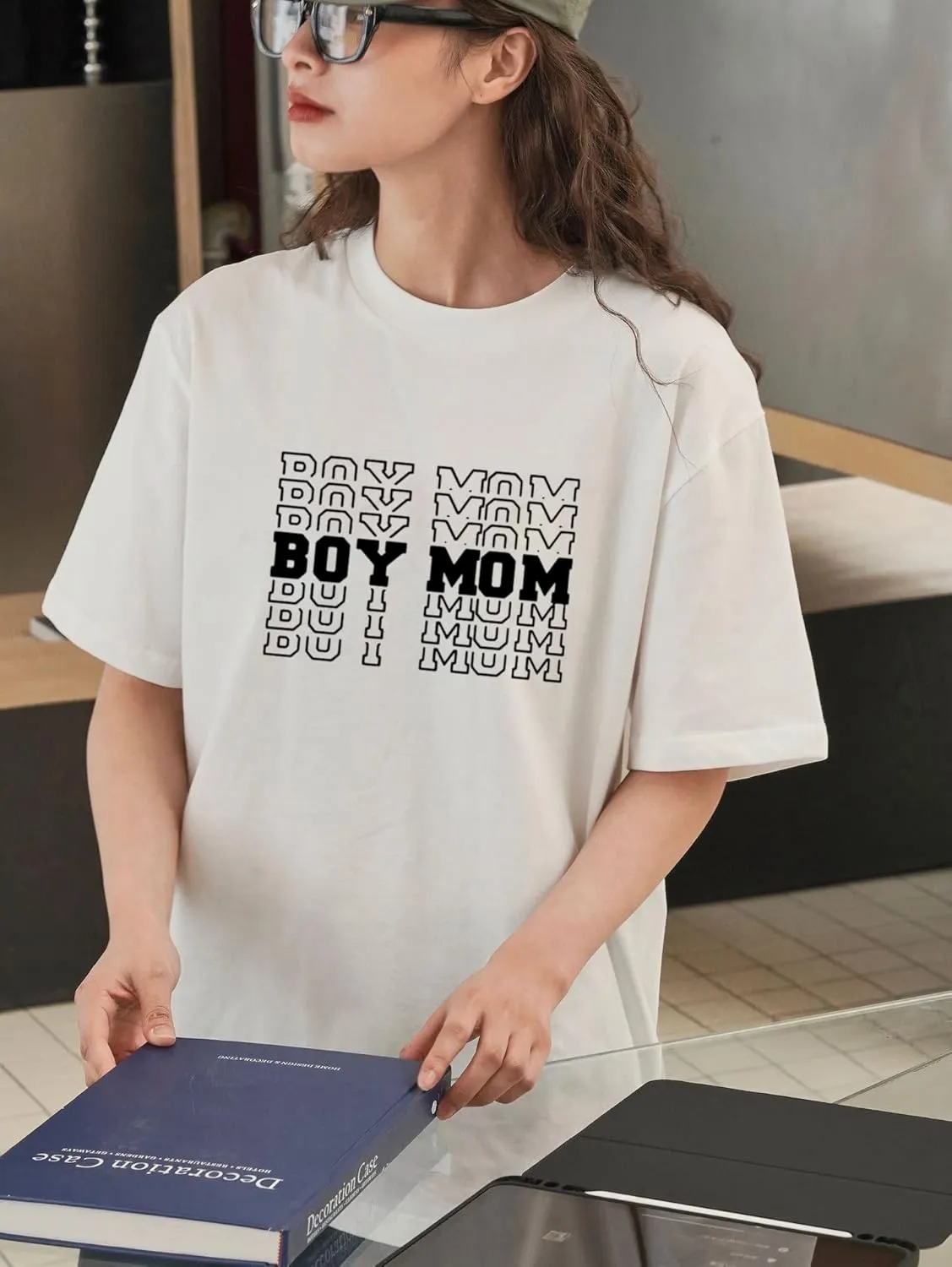 Women Oversized T-Shirt Boy Mom Letter Print Short Sleeve Mid-Length Mama Tee Shirt