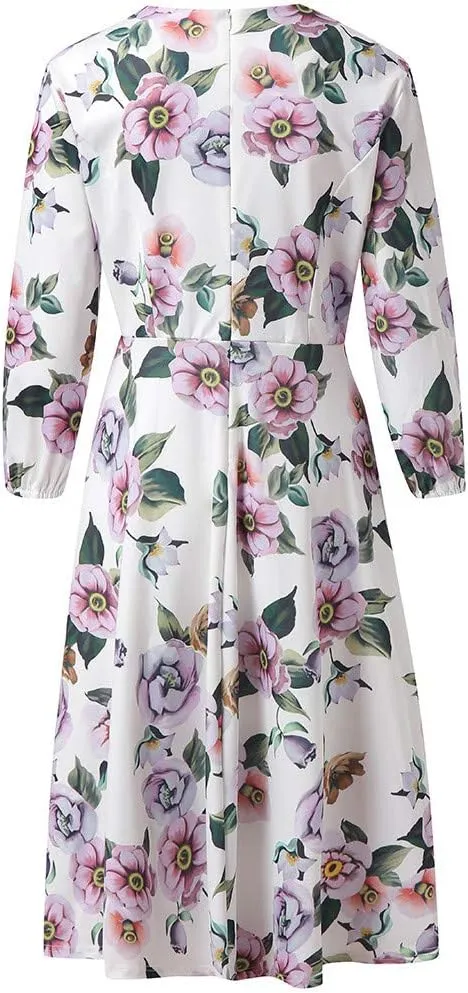 Women Printing A-line Elegant Ruffles Dress, V-Neck Comfortable Lightweight regular T-shirt Blouse