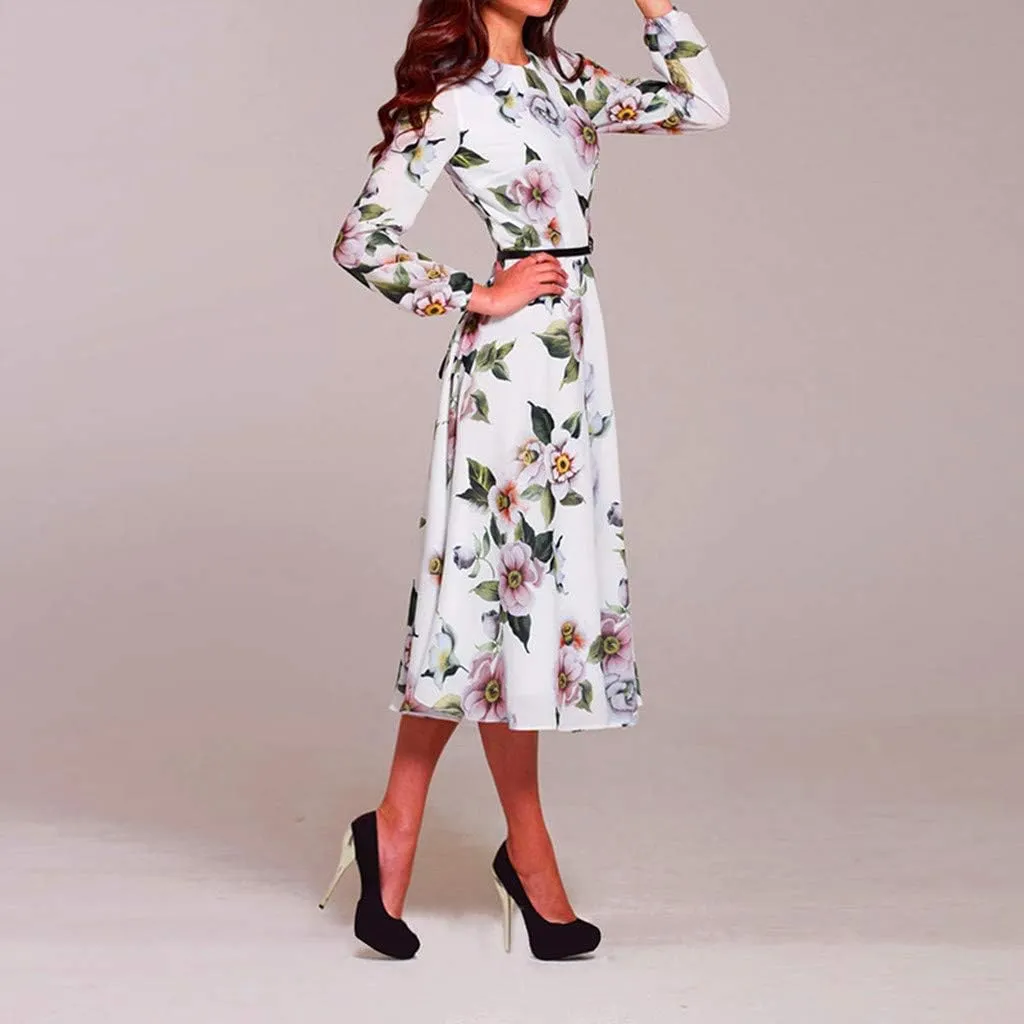 Women Printing A-line Elegant Ruffles Dress, V-Neck Comfortable Lightweight regular T-shirt Blouse