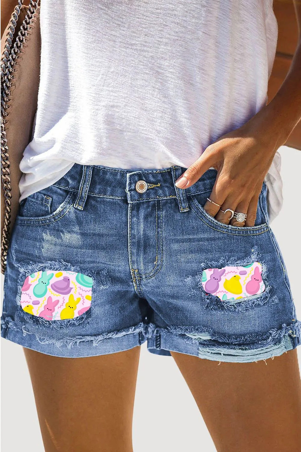 Women Summer Jean Shorts Stretchy Easter Bunny Print Denim Shorts