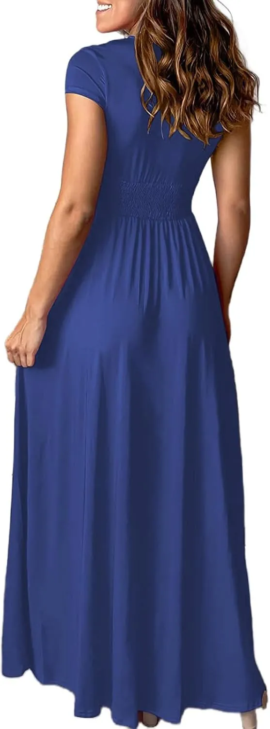 Women Summer Short Sleeve Dresses Formal Deep V Neck Slit Wedding Guest Long Dress Elegant Cocktail Evening Maxi Dress