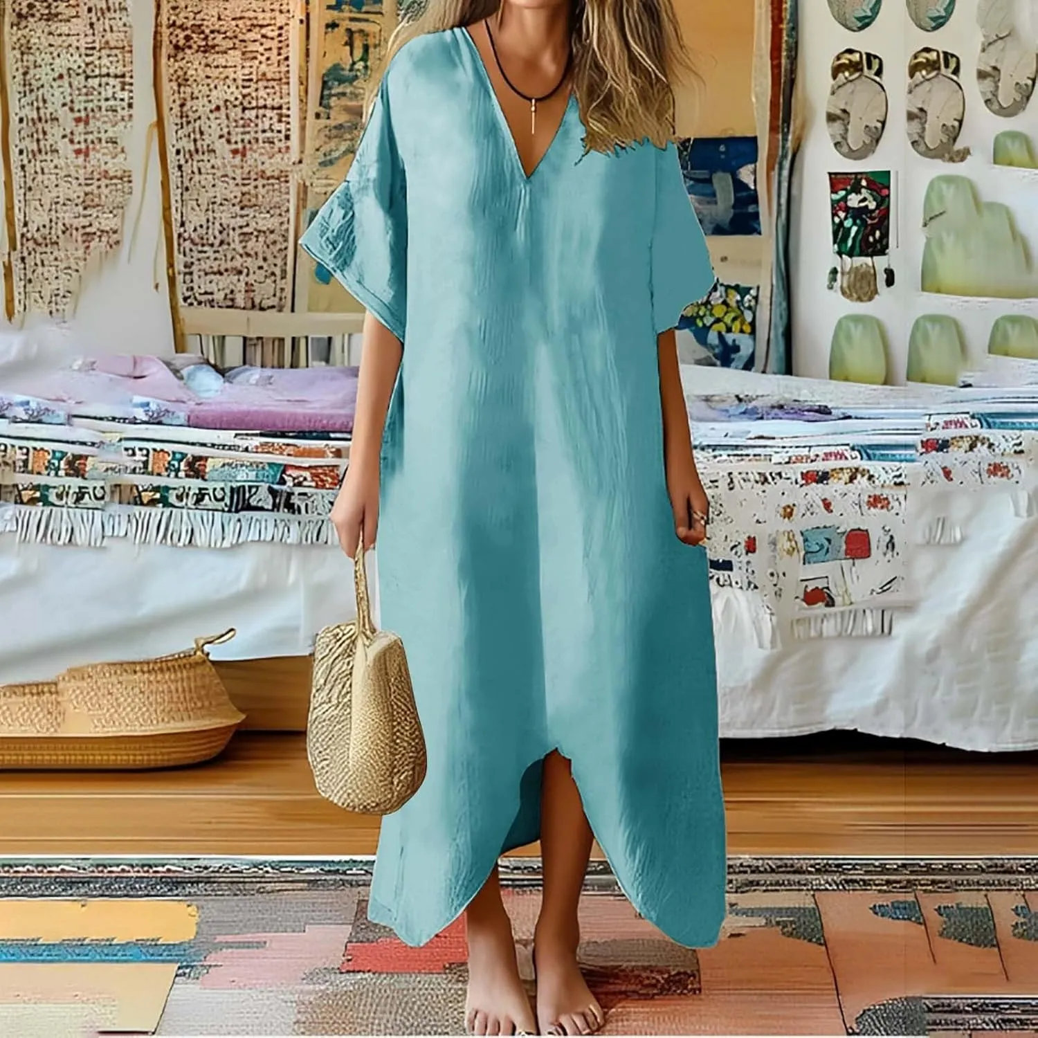 Women's 2025 Linen Casual Dresses Flowy V Neck Short Sleeve Maxi Dress Lightweight Summer Beach Vacation Clothes