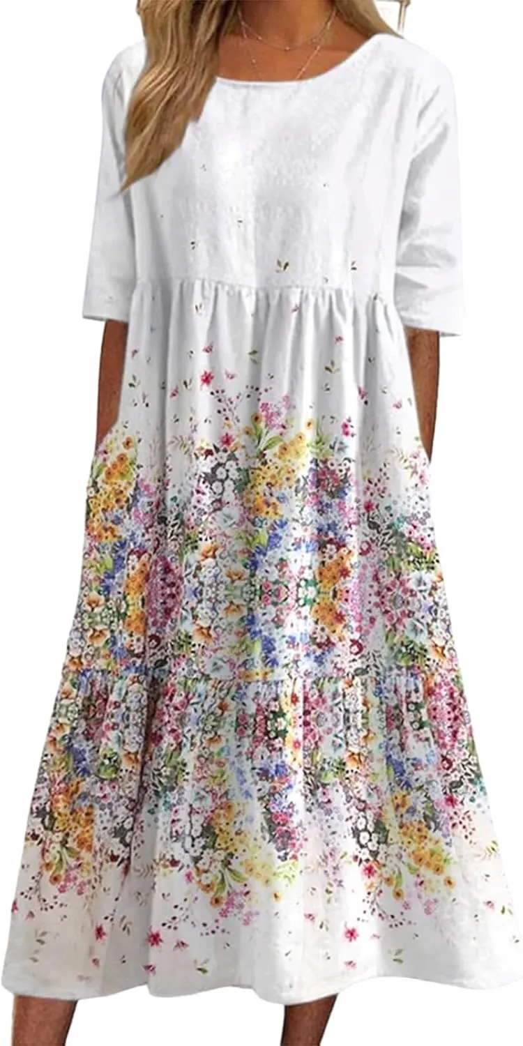 Women's 2025 Spring Crew Neck Short Sleeves Midi Dresses Floral Patterned Casual Chic Cute Loose Shift Work Dress
