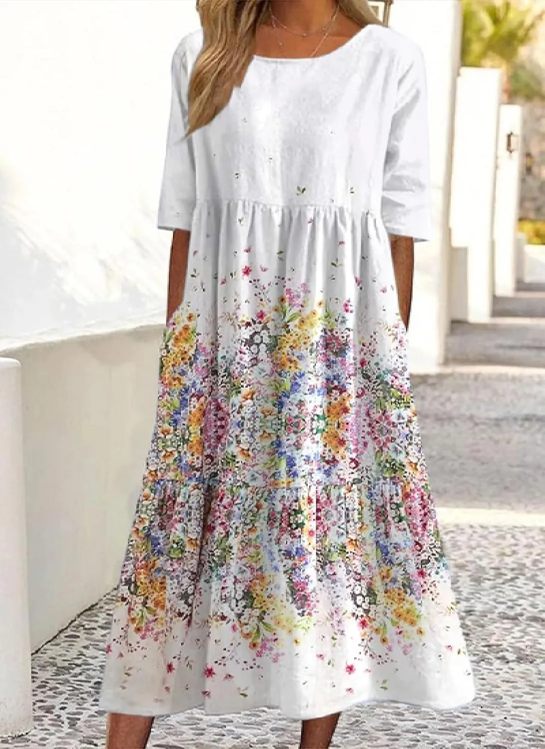 Women's 2025 Spring Crew Neck Short Sleeves Midi Dresses Floral Patterned Casual Chic Cute Loose Shift Work Dress