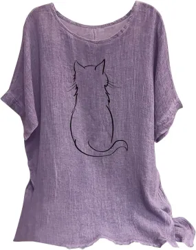 Women's Casual Summer Tops Cotton Linen Short Sleeve Shirts Fashion Print Round Neck T-Shirt Loose Soft Comfy Blouses