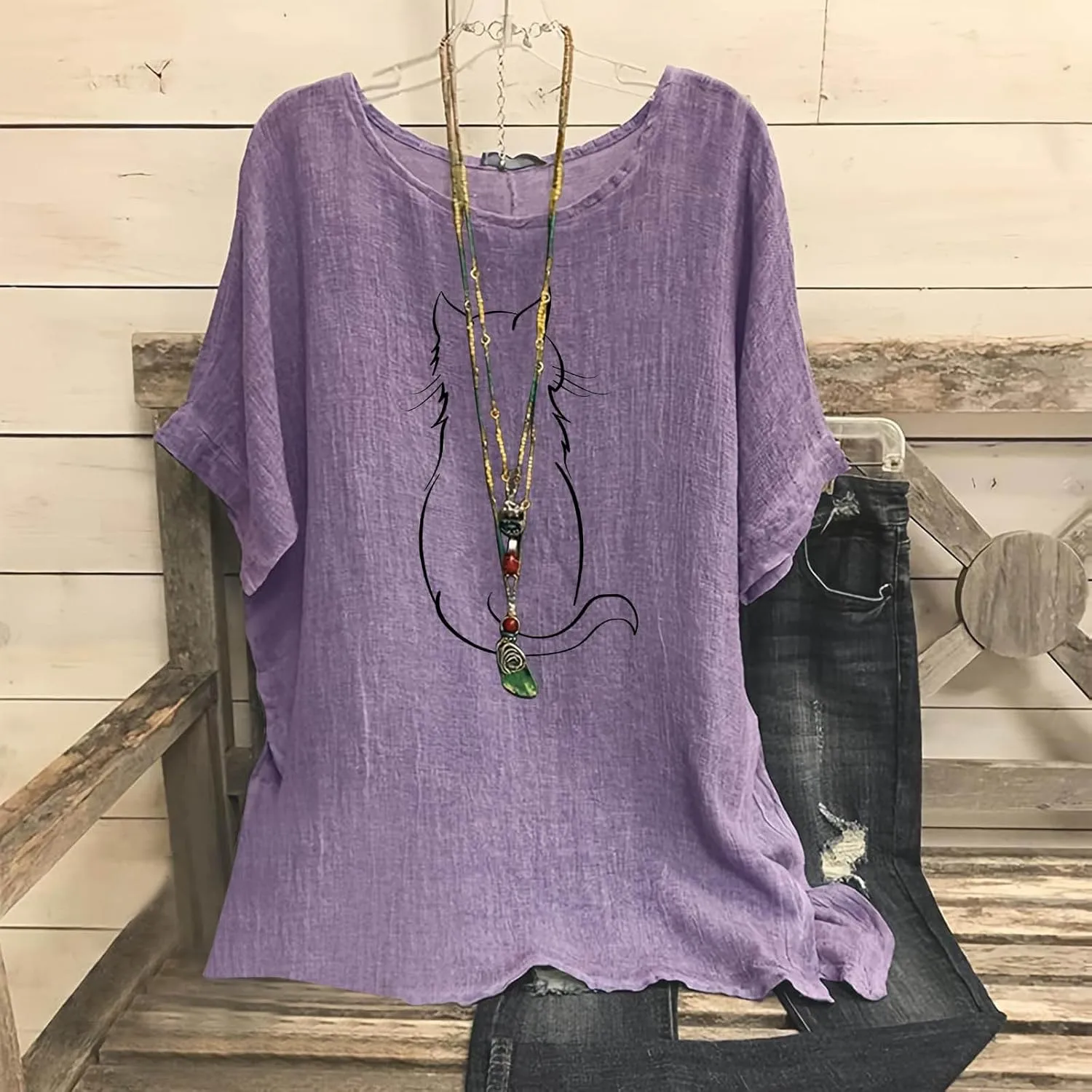 Women's Casual Summer Tops Cotton Linen Short Sleeve Shirts Fashion Print Round Neck T-Shirt Loose Soft Comfy Blouses