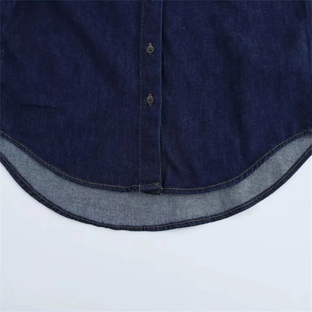 Women's Comfortable Color Contrast Splicing Collar Long Sleeve Denim Shirt Winter Casual Loose Top