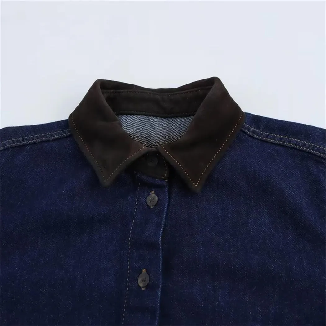 Women's Comfortable Color Contrast Splicing Collar Long Sleeve Denim Shirt Winter Casual Loose Top