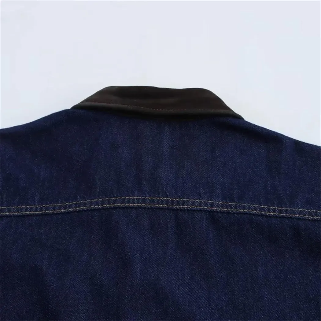 Women's Comfortable Color Contrast Splicing Collar Long Sleeve Denim Shirt Winter Casual Loose Top