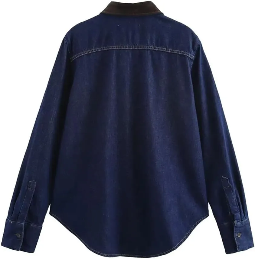 Women's Comfortable Color Contrast Splicing Collar Long Sleeve Denim Shirt Winter Casual Loose Top