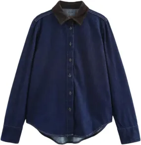 Women's Comfortable Color Contrast Splicing Collar Long Sleeve Denim Shirt Winter Casual Loose Top