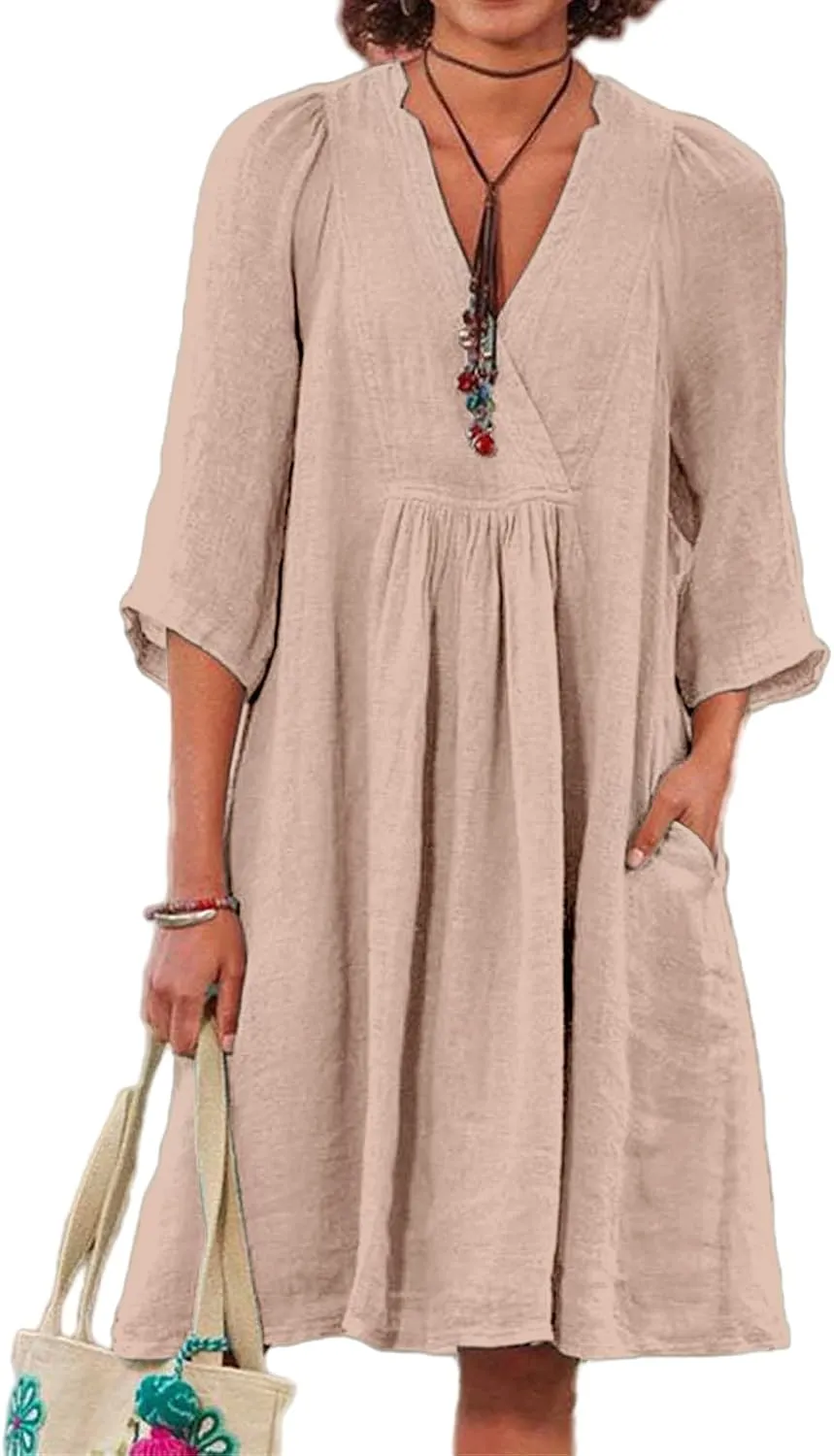 Womens Cotton Linen A-line Dress Casual 3/4 Sleeve Wrap V Neck Midi Dresses Loose Fit Beach Vacation Dress
