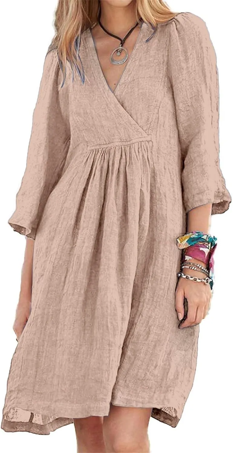 Womens Cotton Linen A-line Dress Casual 3/4 Sleeve Wrap V Neck Midi Dresses Loose Fit Beach Vacation Dress