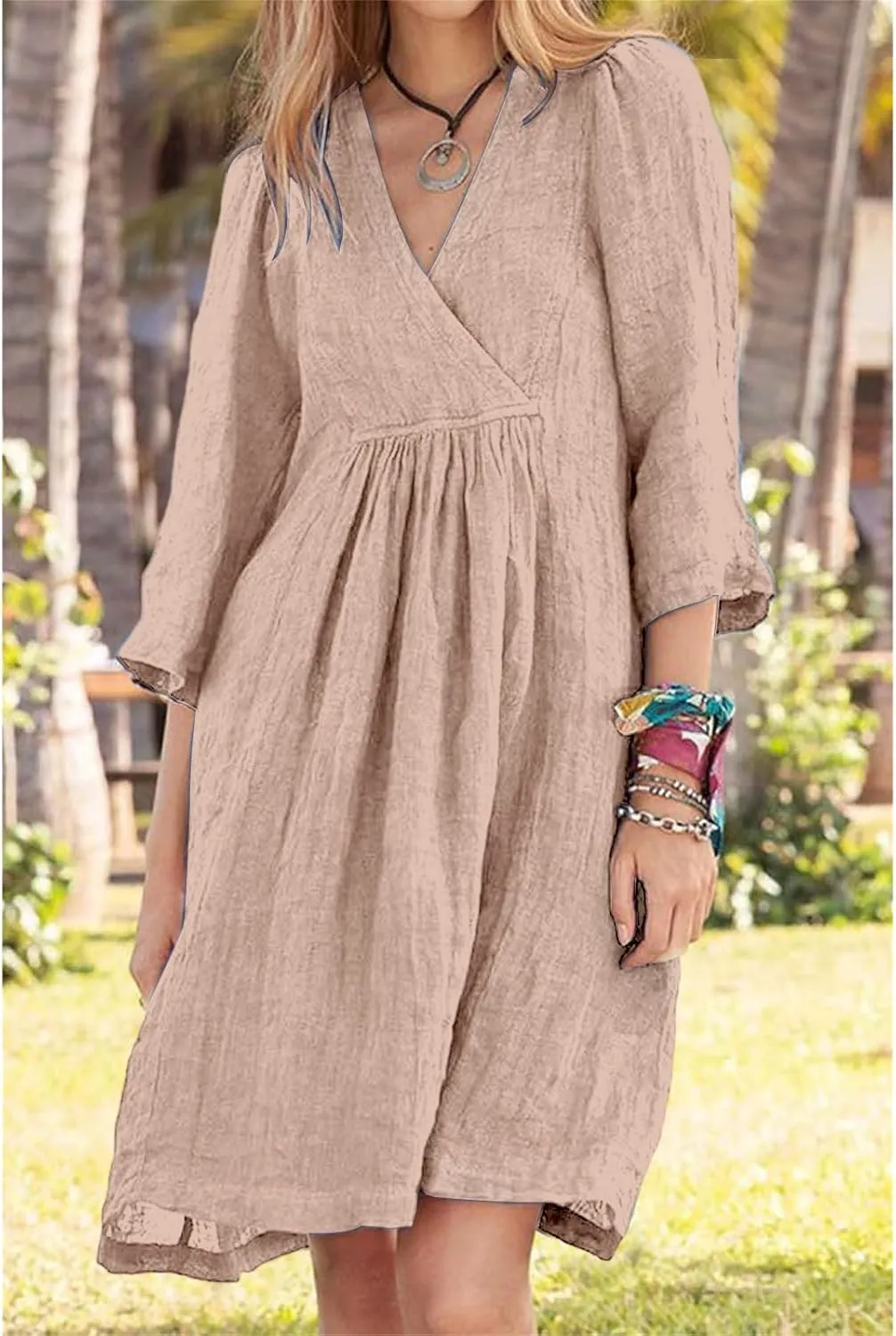 Womens Cotton Linen A-line Dress Casual 3/4 Sleeve Wrap V Neck Midi Dresses Loose Fit Beach Vacation Dress