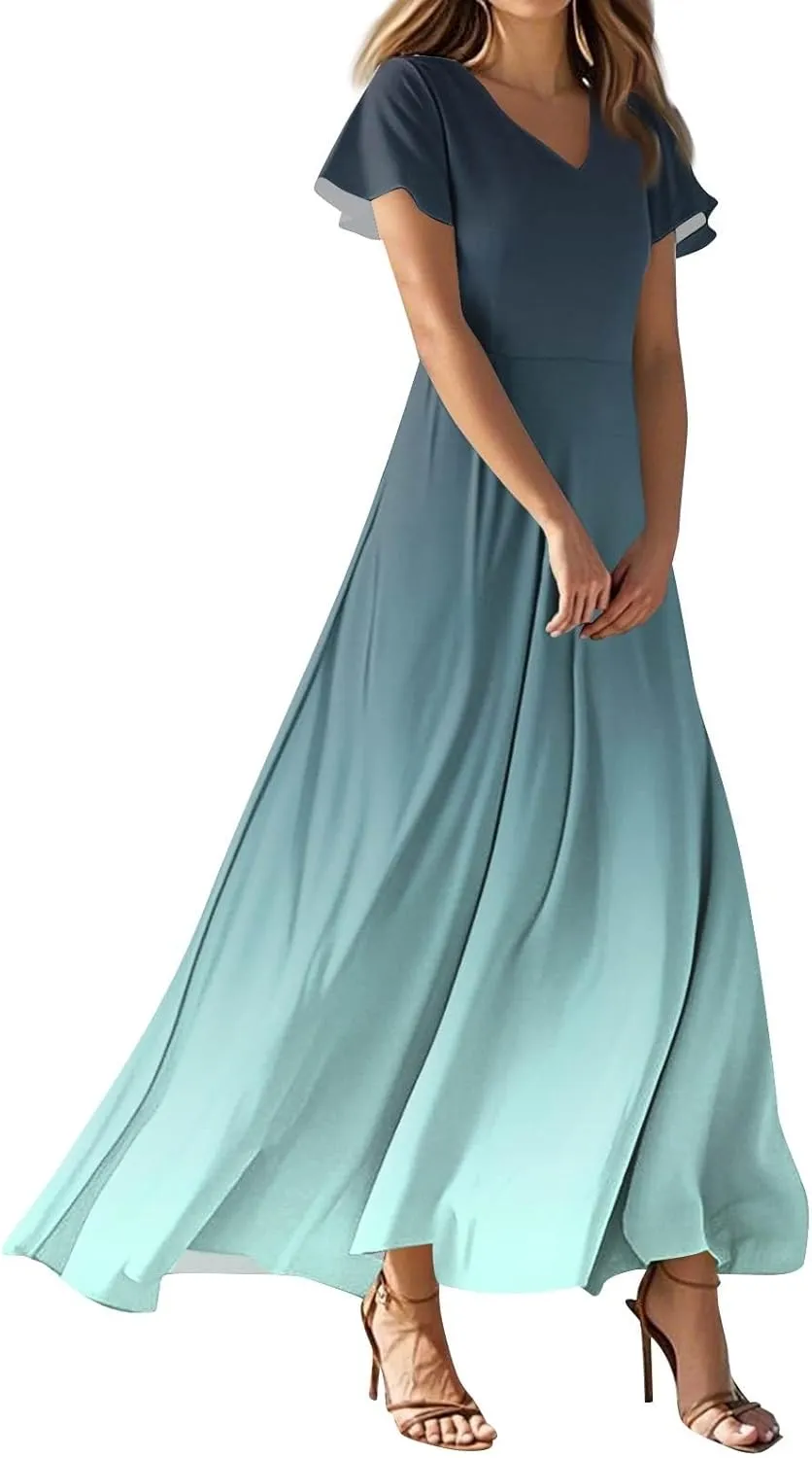 Womens Fashion V Neck Ruffle Short Sleeve Maxi Dress 2025 Summer Elegant Solid Color Flowy A Line Dresses