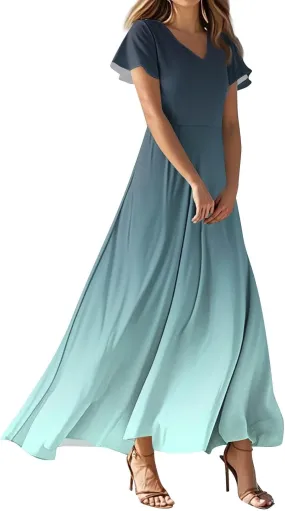 Womens Fashion V Neck Ruffle Short Sleeve Maxi Dress 2025 Summer Elegant Solid Color Flowy A Line Dresses